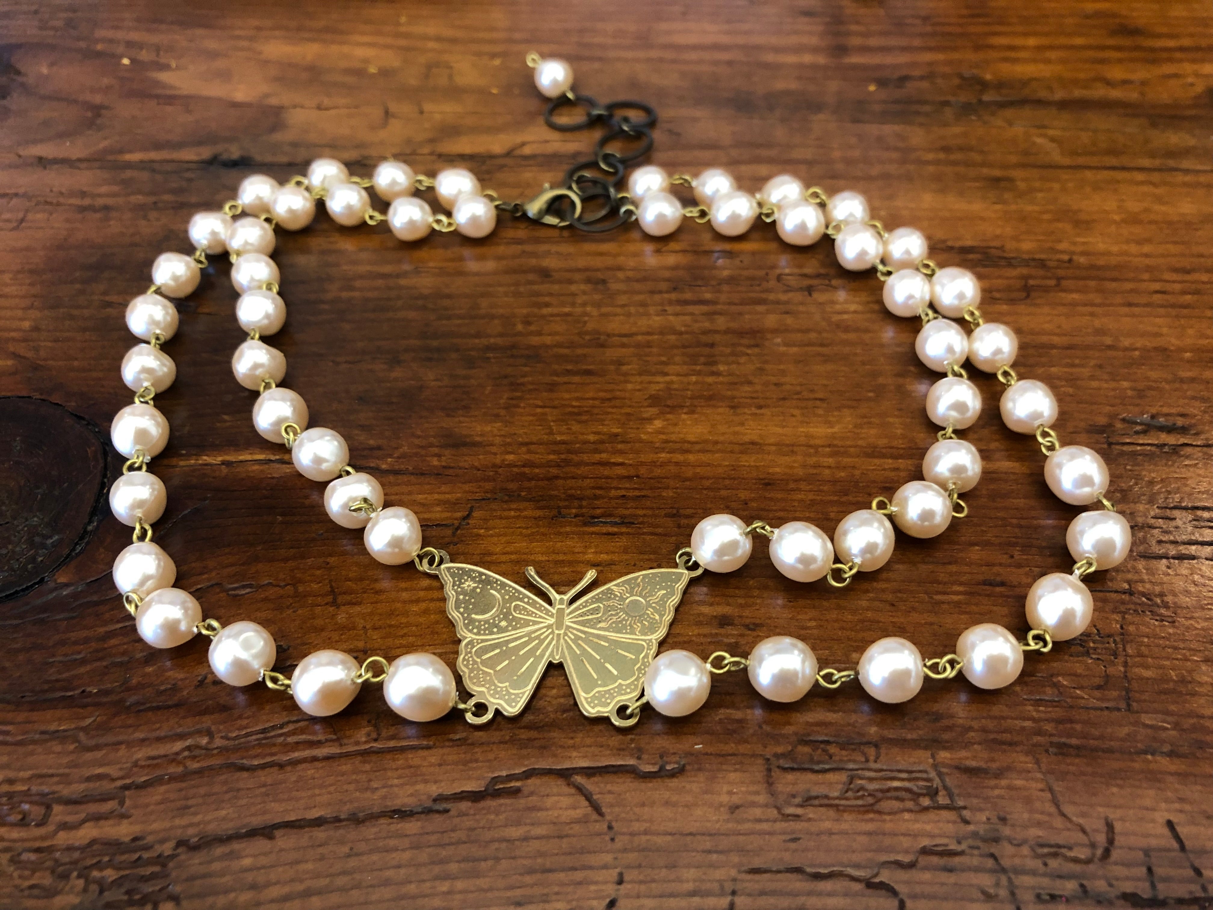 Faux Pearl Double a butterfly Collar Choker- 2 sizes