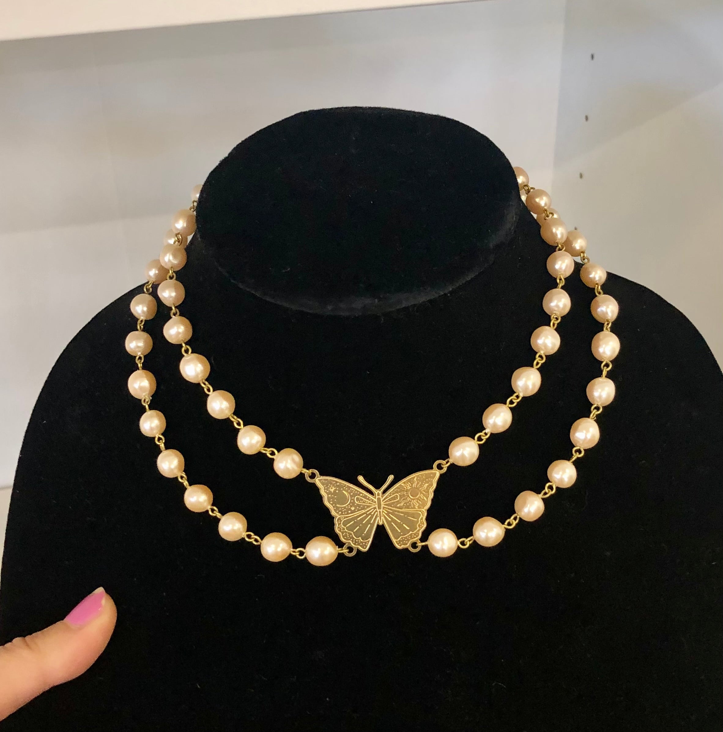 Faux Pearl Double a butterfly Collar Choker- 2 sizes
