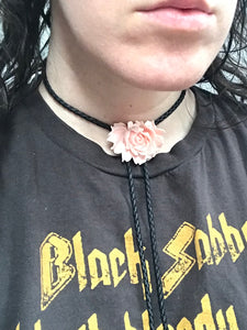Blush Floral Adjustable Vegan Leather Black Bolo Tie Light Pink Braided Leather Gold Accents Rose Peach Feminine Southwestern Rolo