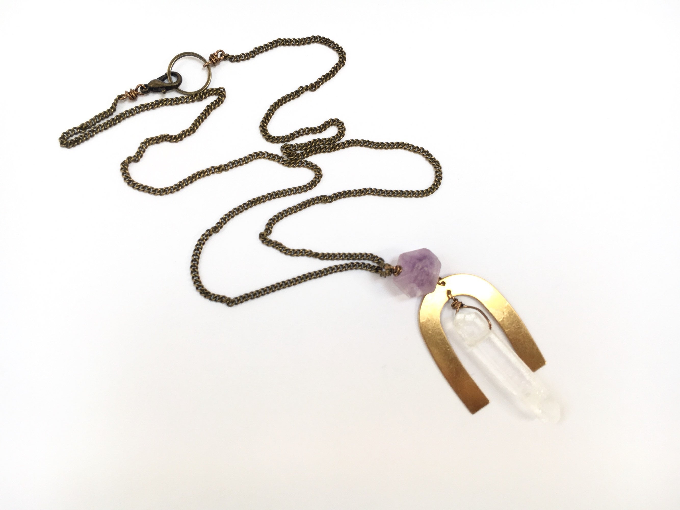 Amethyst Clear Quartz Arc Mixed Metal Necklace Oxidized Curb chain 24.5" everyday Long Purple Statement