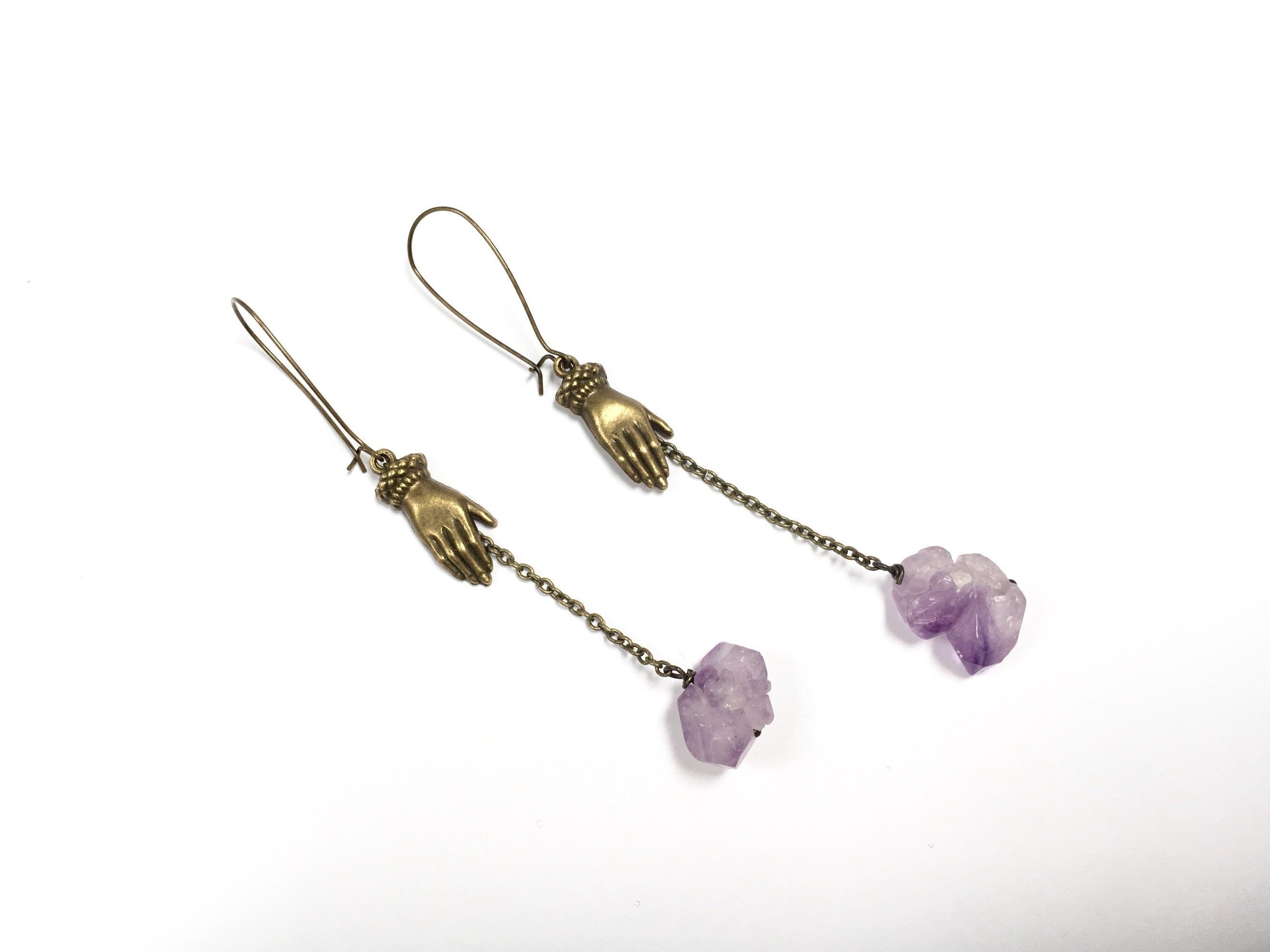 Raw Amethyst Chunk Oxidized Brass Healing Hands Earrings Mystical Spiritual Gemstone Shoulder Dusters Peace Love Witch Witchcraft Purple