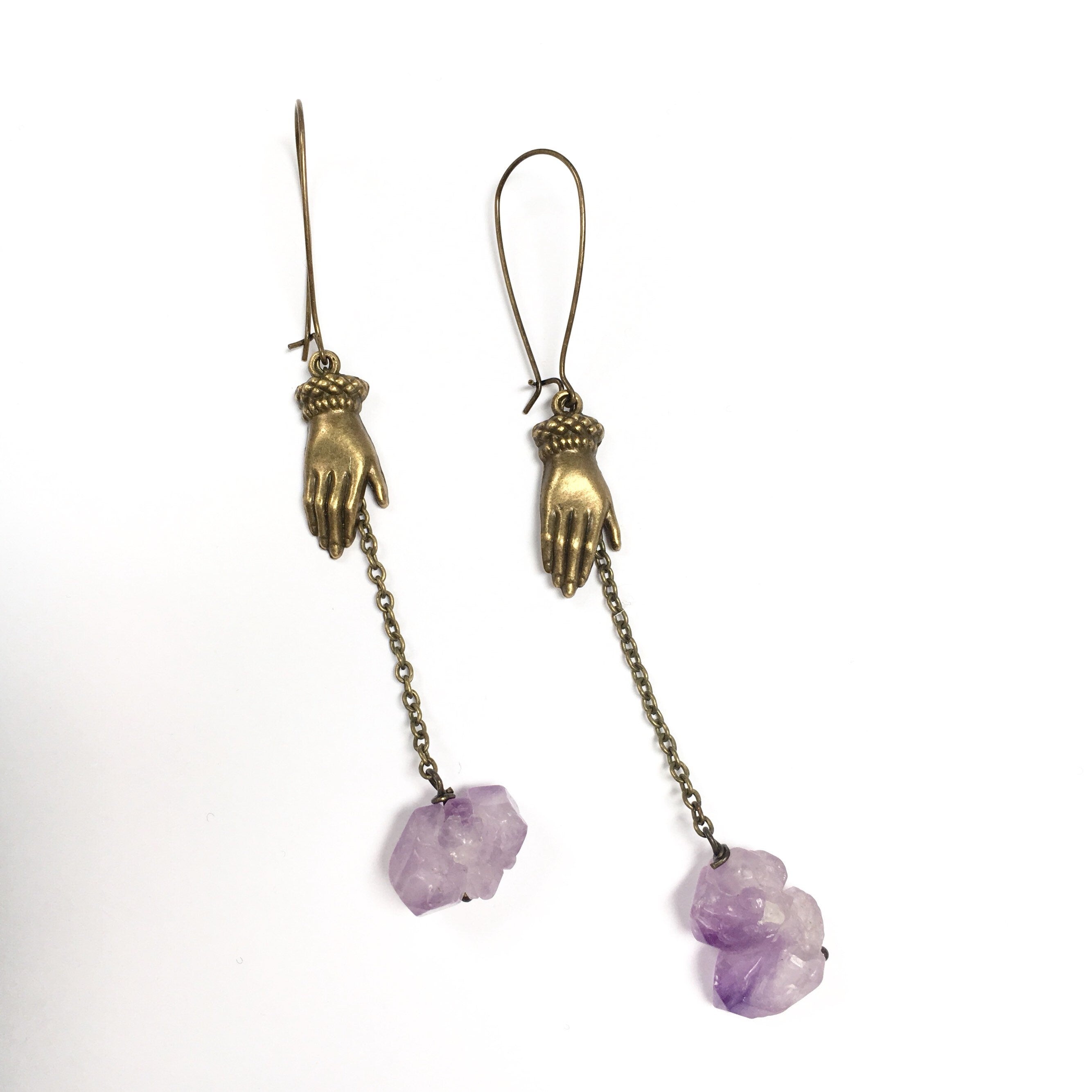 Raw Amethyst Chunk Oxidized Brass Healing Hands Earrings Mystical Spiritual Gemstone Shoulder Dusters Peace Love Witch Witchcraft Purple