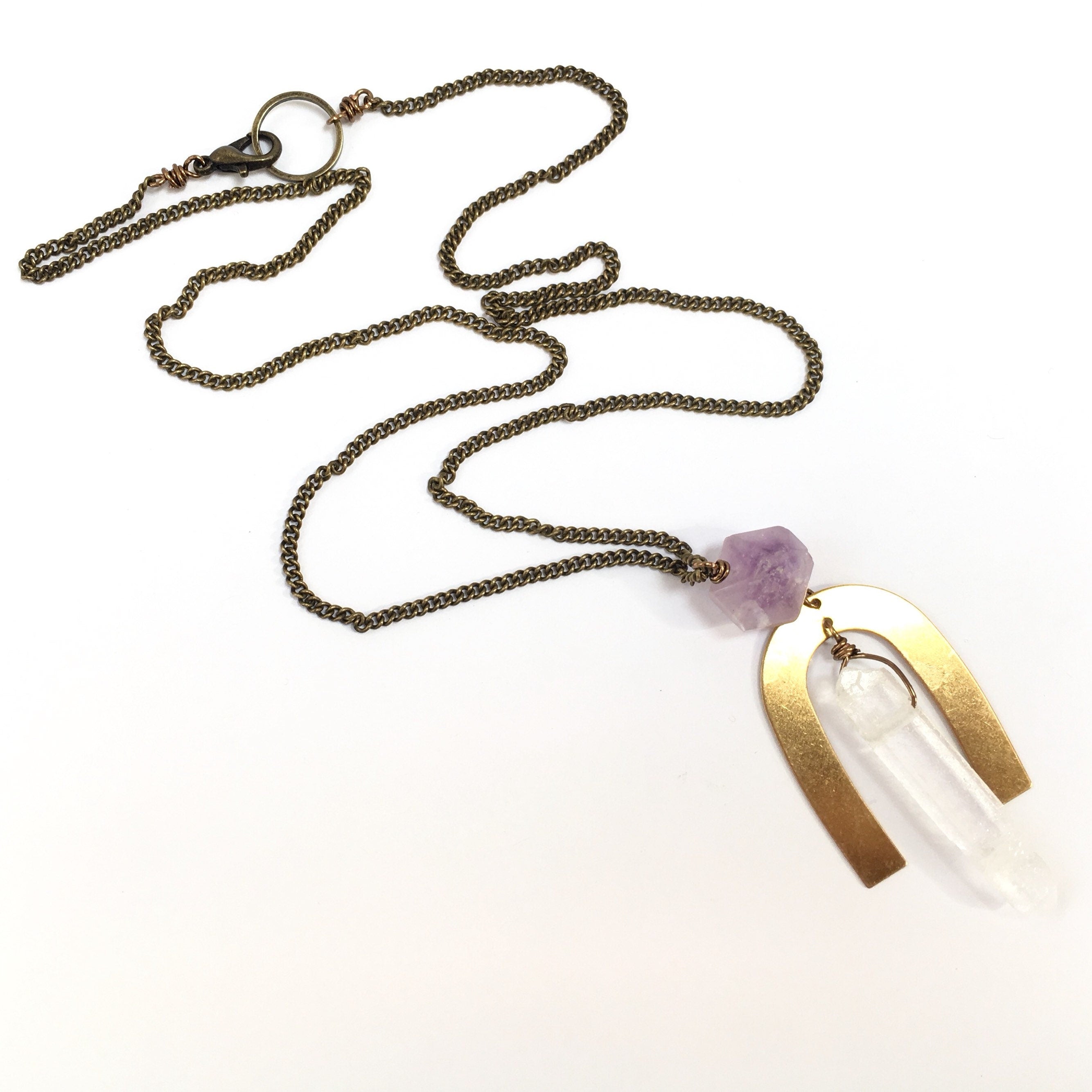 Amethyst Clear Quartz Arc Mixed Metal Necklace Oxidized Curb chain 24.5" everyday Long Purple Statement