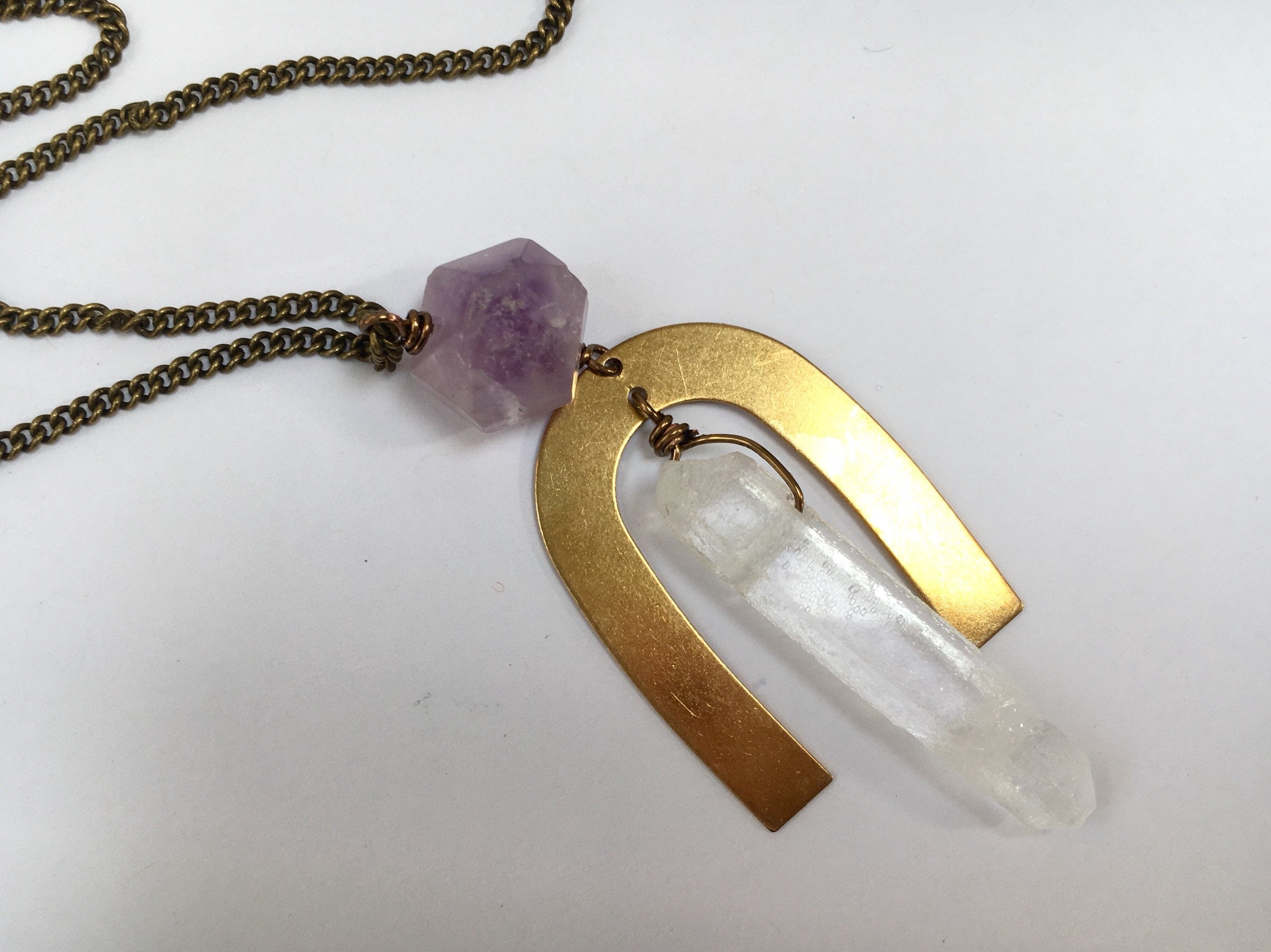 Amethyst Clear Quartz Arc Mixed Metal Necklace Oxidized Curb chain 24.5" everyday Long Purple Statement