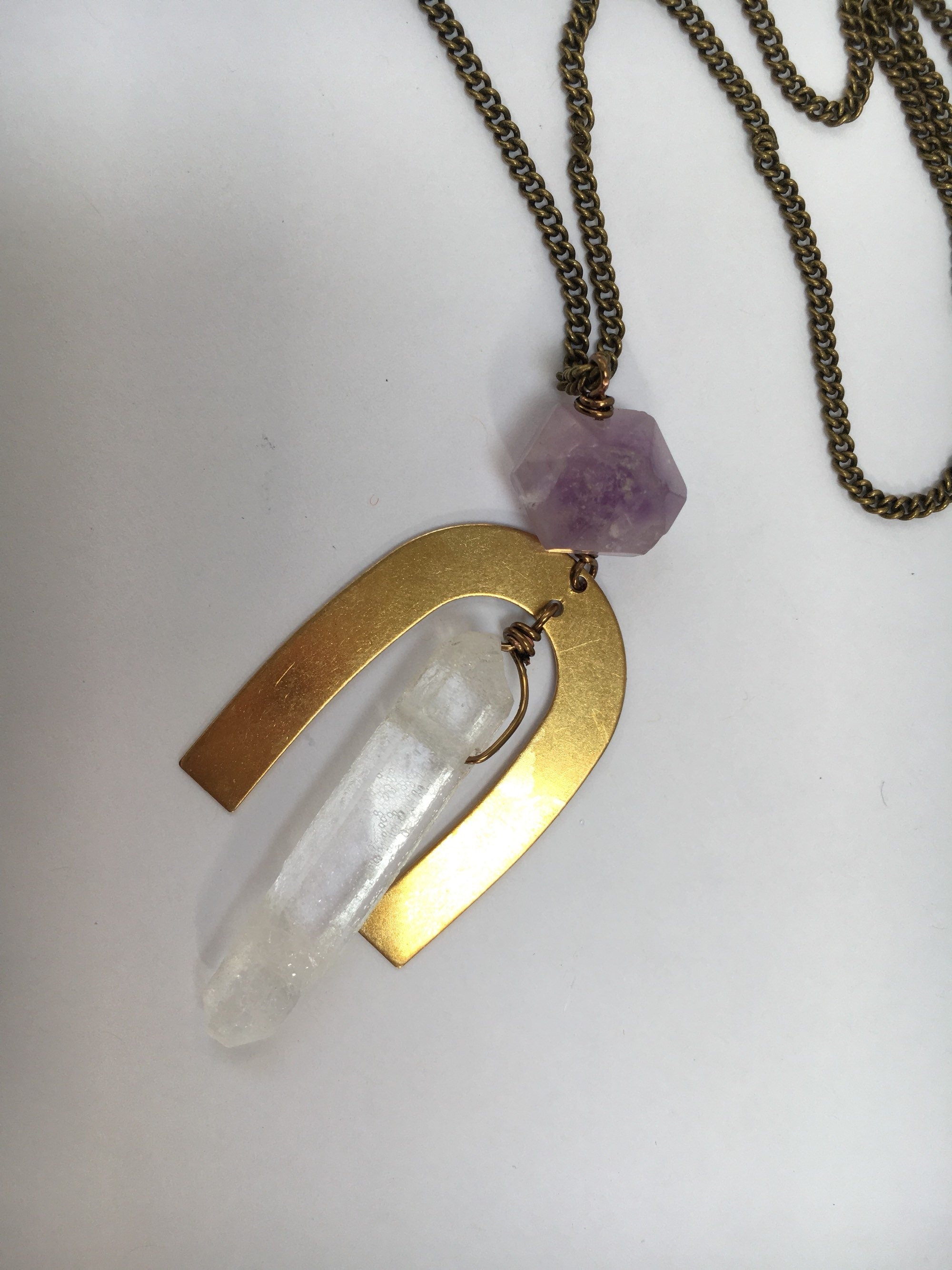 Amethyst Clear Quartz Arc Mixed Metal Necklace Oxidized Curb chain 24.5" everyday Long Purple Statement