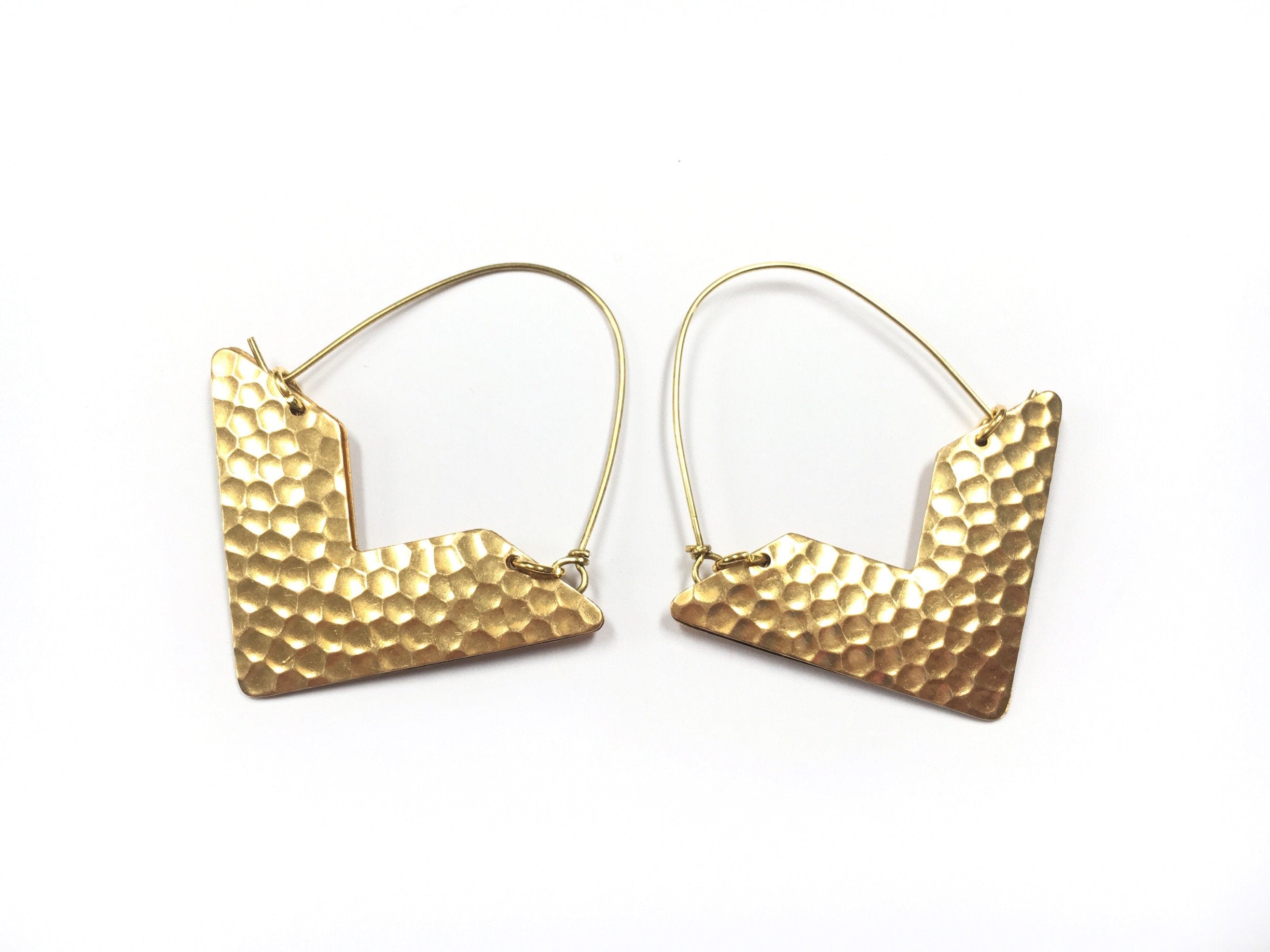 Golden Arrows Brass Hoop Earrings Lightweight Hammered Everyday Triangle Geometric Statement jewelry hoops chunky Valentine's Day gift