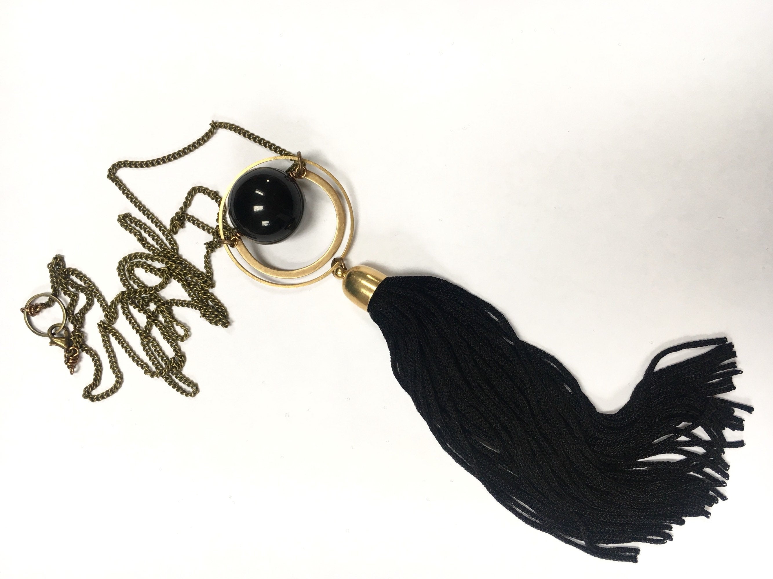 Onyx + Black Tassel Arc Necklace Oxidized Chain 30" Long Witch Goth Statement Cool Fringe Stevie Obsidian  Moon Celestial Valentine's gift