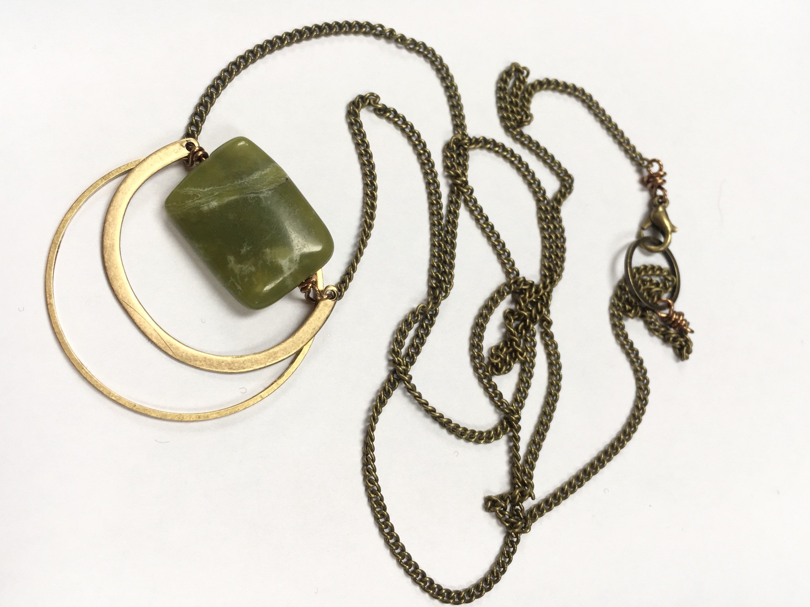 Nephrite Jade Arc + Circle Necklace Olive Green Warm Green Oxidized Brass 20" Trendy Square Round Mixed Metal Valentine's day gift