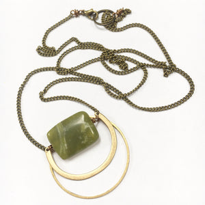 Nephrite Jade Arc + Circle Necklace Olive Green Warm Green Oxidized Brass 20" Trendy Square Round Mixed Metal Valentine's day gift