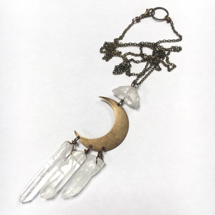 Crescent Crystal Clear Quartz Necklace Long Oxidized Brass Moon Witch Magic Dangly Sparkle Shiny