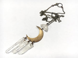 Crescent Crystal Clear Quartz Necklace Long Oxidized Brass Moon Witch Magic Dangly Sparkle Shiny