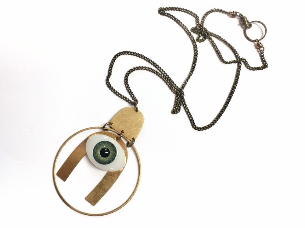 Evil Eye Arc + Circle Oxidized Brass Necklace Gift Summer Gemstone 20" long  Green weird Strange odd oddities unique