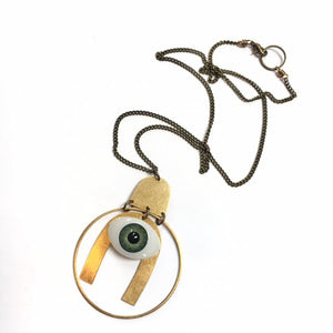 Evil Eye Arc + Circle Oxidized Brass Necklace Gift Summer Gemstone 20" long  Green weird Strange odd oddities unique