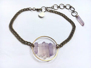 Lilac Quartz Chunk Cluster Choker- Adjustable Oxidized Curb Chain Tight Necklace Statement Goth millenial lavender pastel light purple