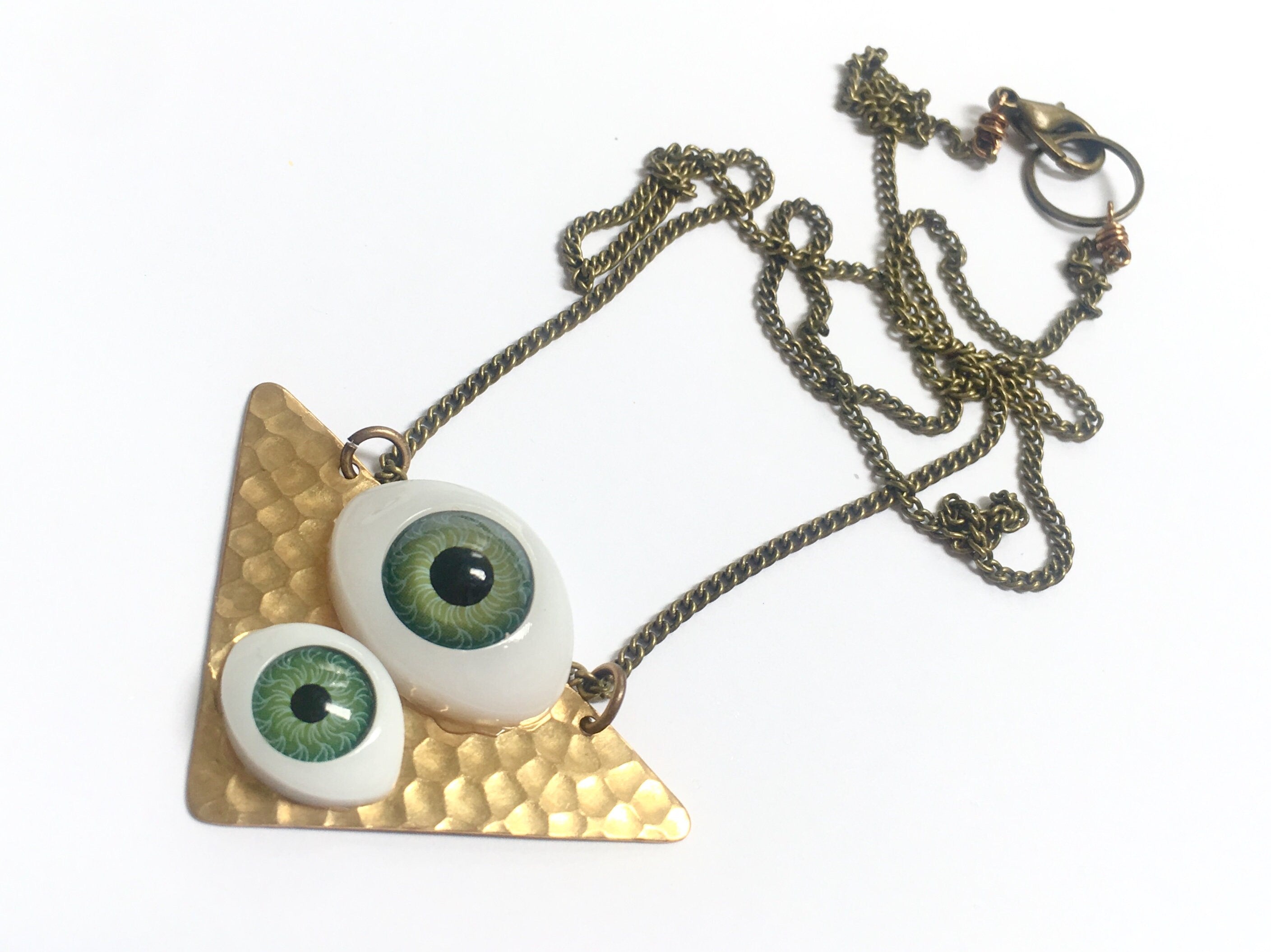 Evil Eye Triangle Oxidized Brass Necklace Gift Summer Gemstone choose length long  Green weird Strange odd oddities unique