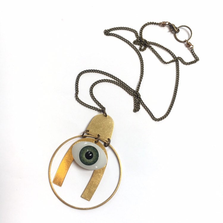 Evil Eye Arc + Circle Oxidized Brass Necklace Gift Summer Gemstone 20" long  Green weird Strange odd oddities unique