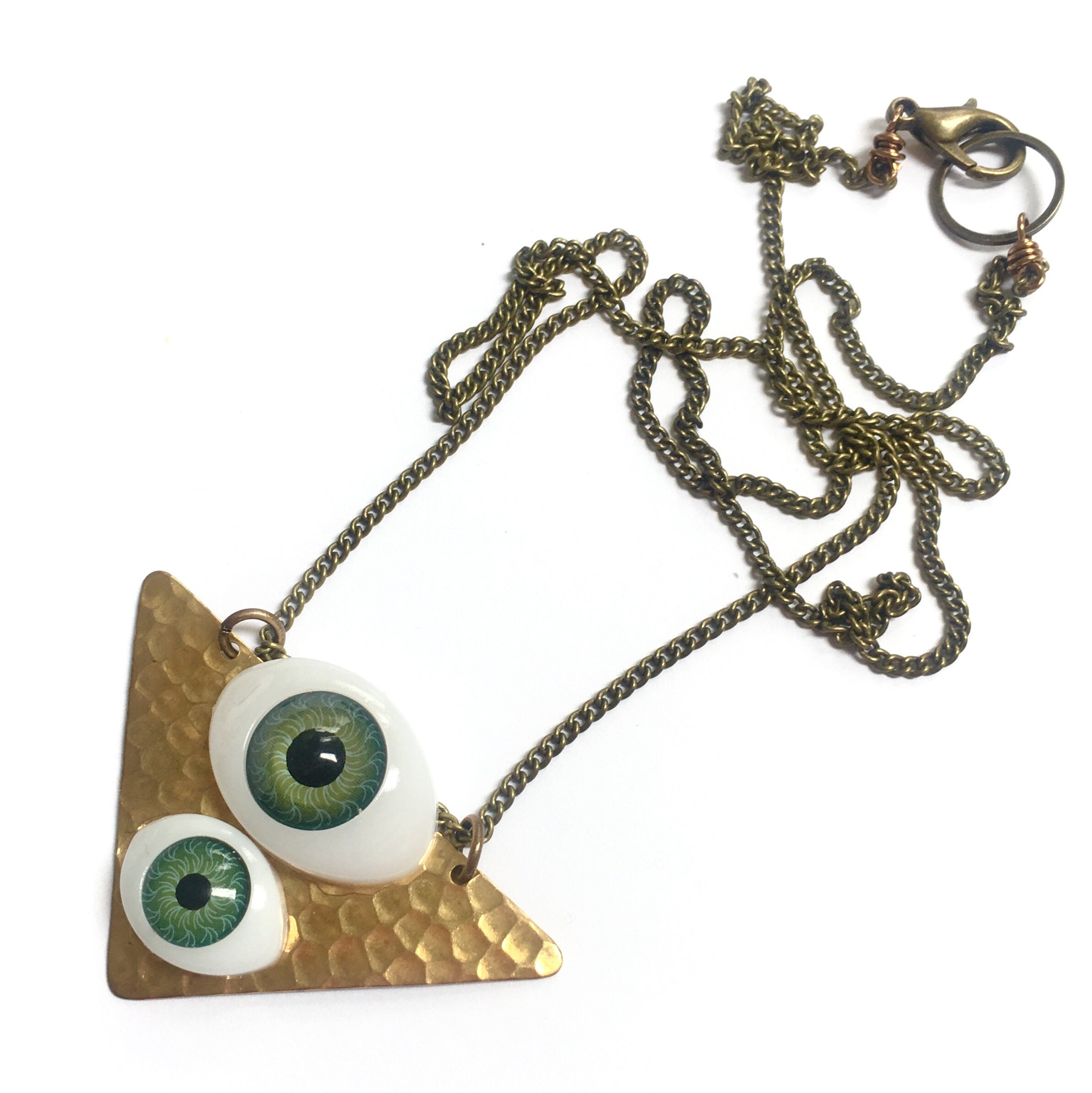 Evil Eye Triangle Oxidized Brass Necklace Gift Summer Gemstone choose length long  Green weird Strange odd oddities unique