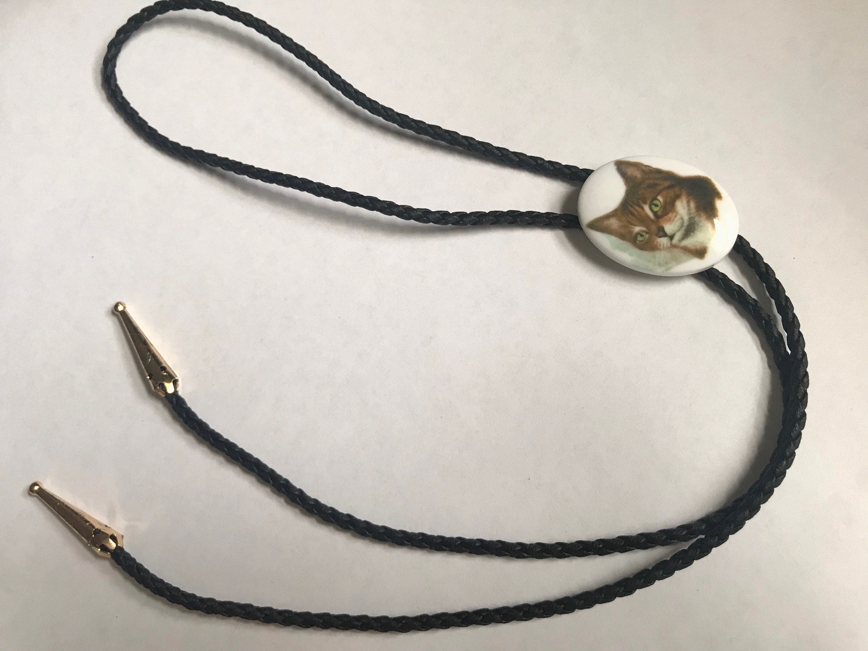 Gray Kitty Bolo Tie Adjustable Black Vegan Leather Gold Silver Southwestern Cat necklace Cat Jewelry Costume Kitchsy