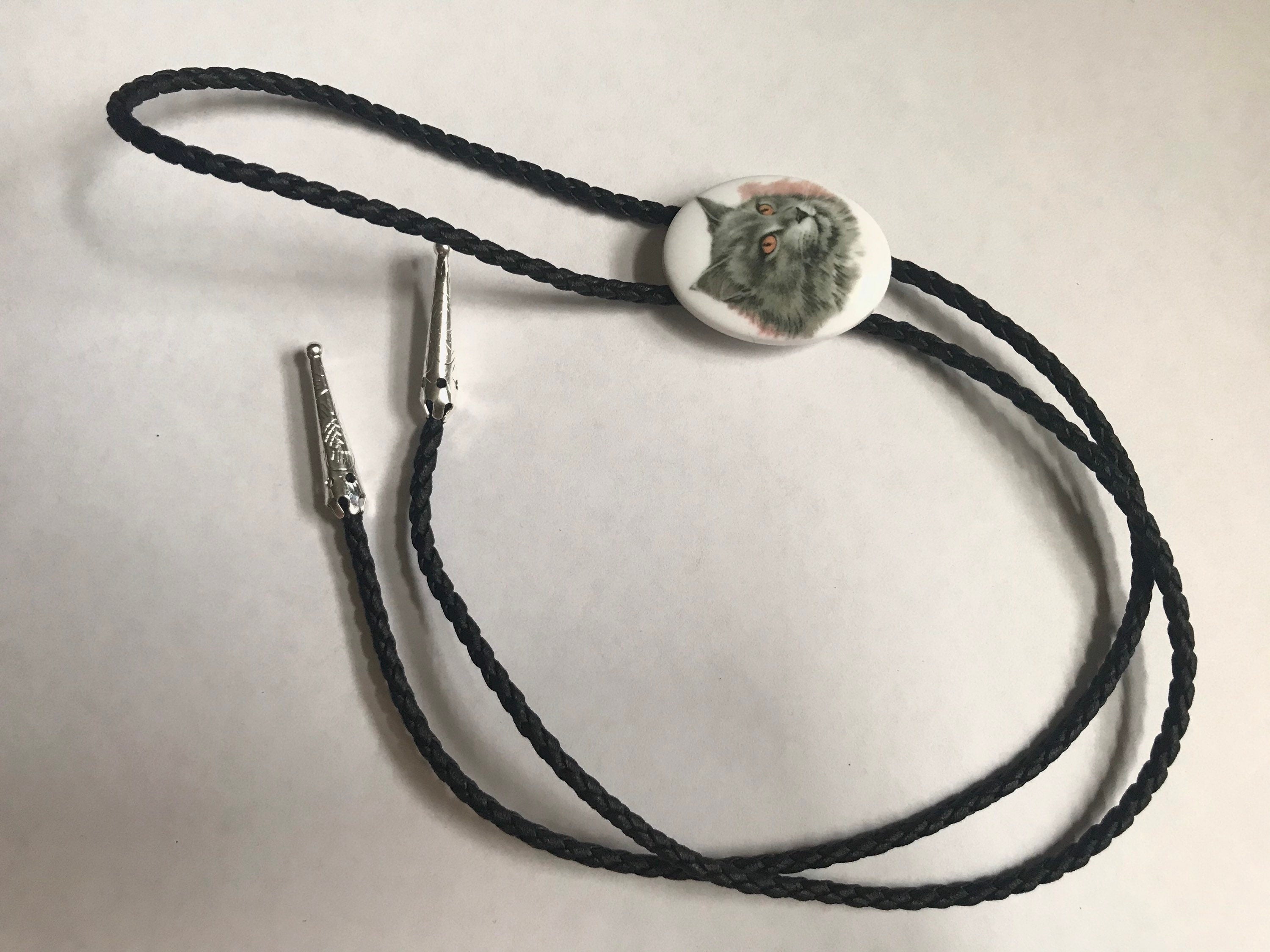 Gray Kitty Bolo Tie Adjustable Black Vegan Leather Gold Silver Southwestern Cat necklace Cat Jewelry Costume Kitchsy