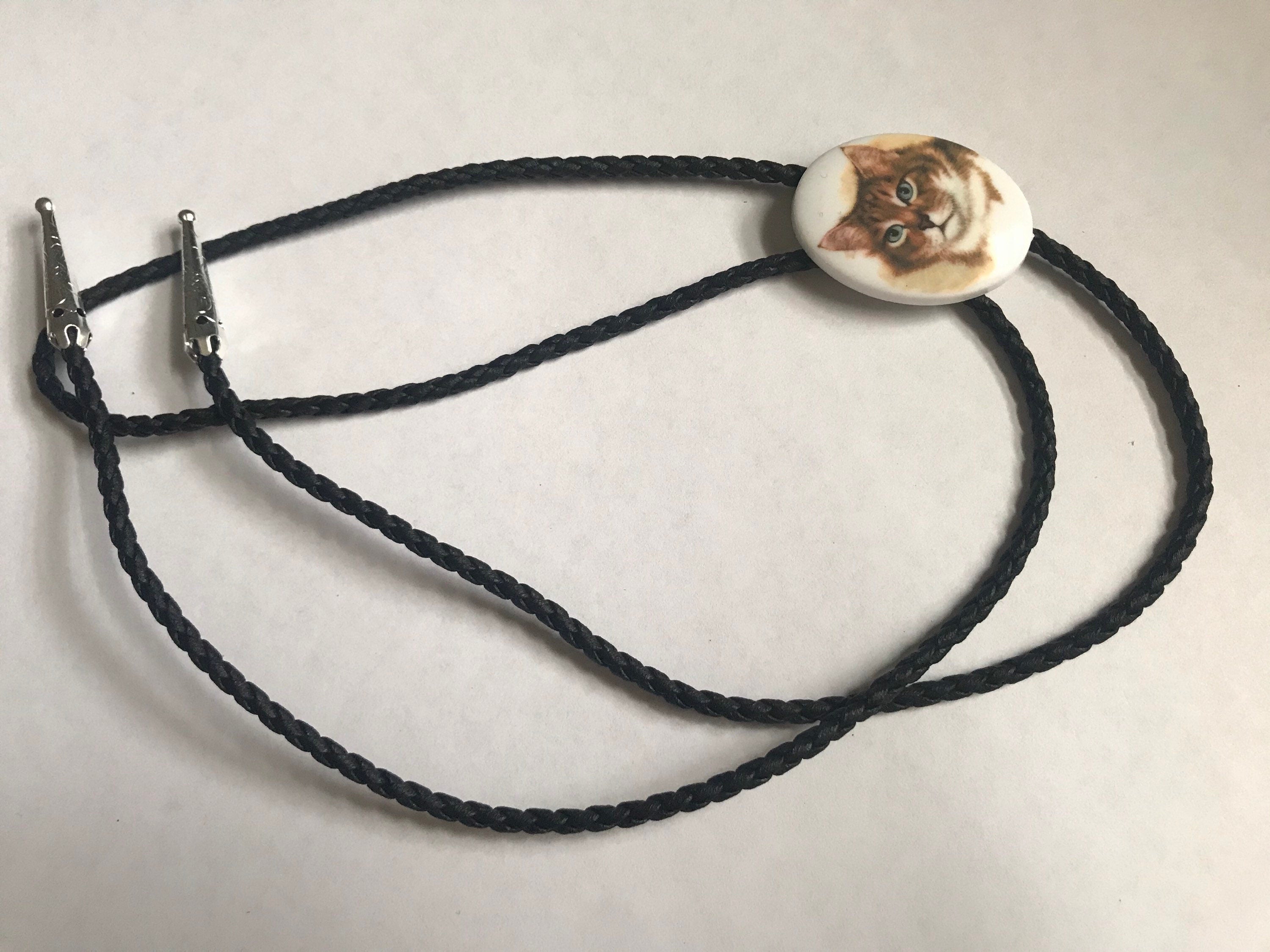 Gray Kitty Bolo Tie Adjustable Black Vegan Leather Gold Silver Southwestern Cat necklace Cat Jewelry Costume Kitchsy
