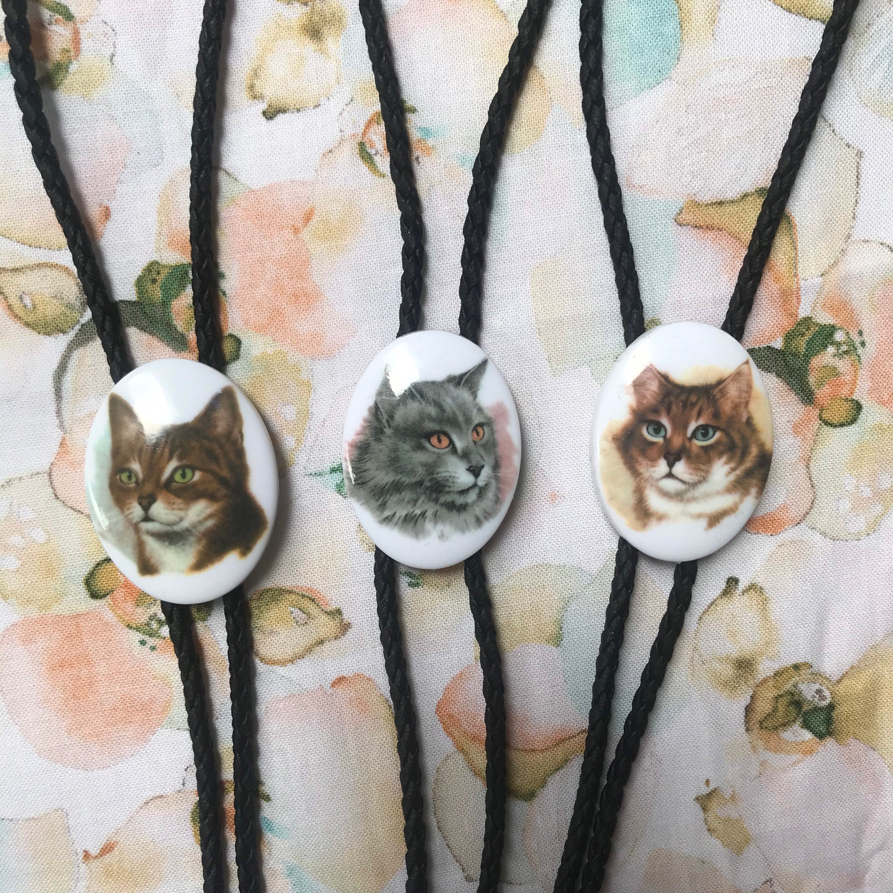 Choose Your Own Kitty Bolo Tie Adjustable Black Vegan Leather Gold Silver Southwestern Cat necklace Cat Jewelry Costume Kitchsy