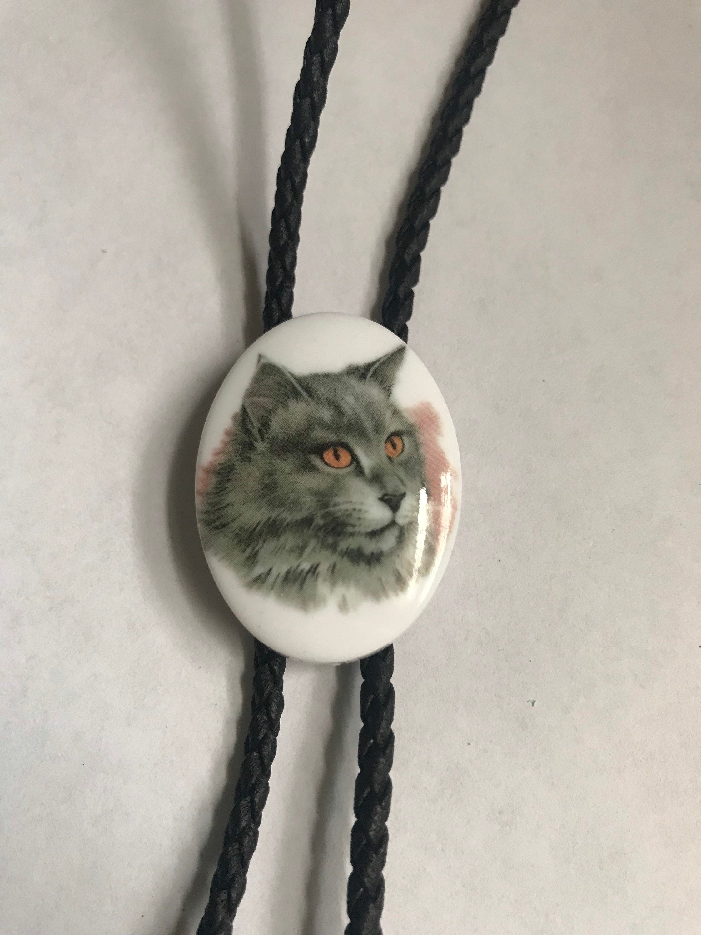 Choose Your Own Kitty Bolo Tie Adjustable Black Vegan Leather Gold Silver Southwestern Cat necklace Cat Jewelry Costume Kitchsy