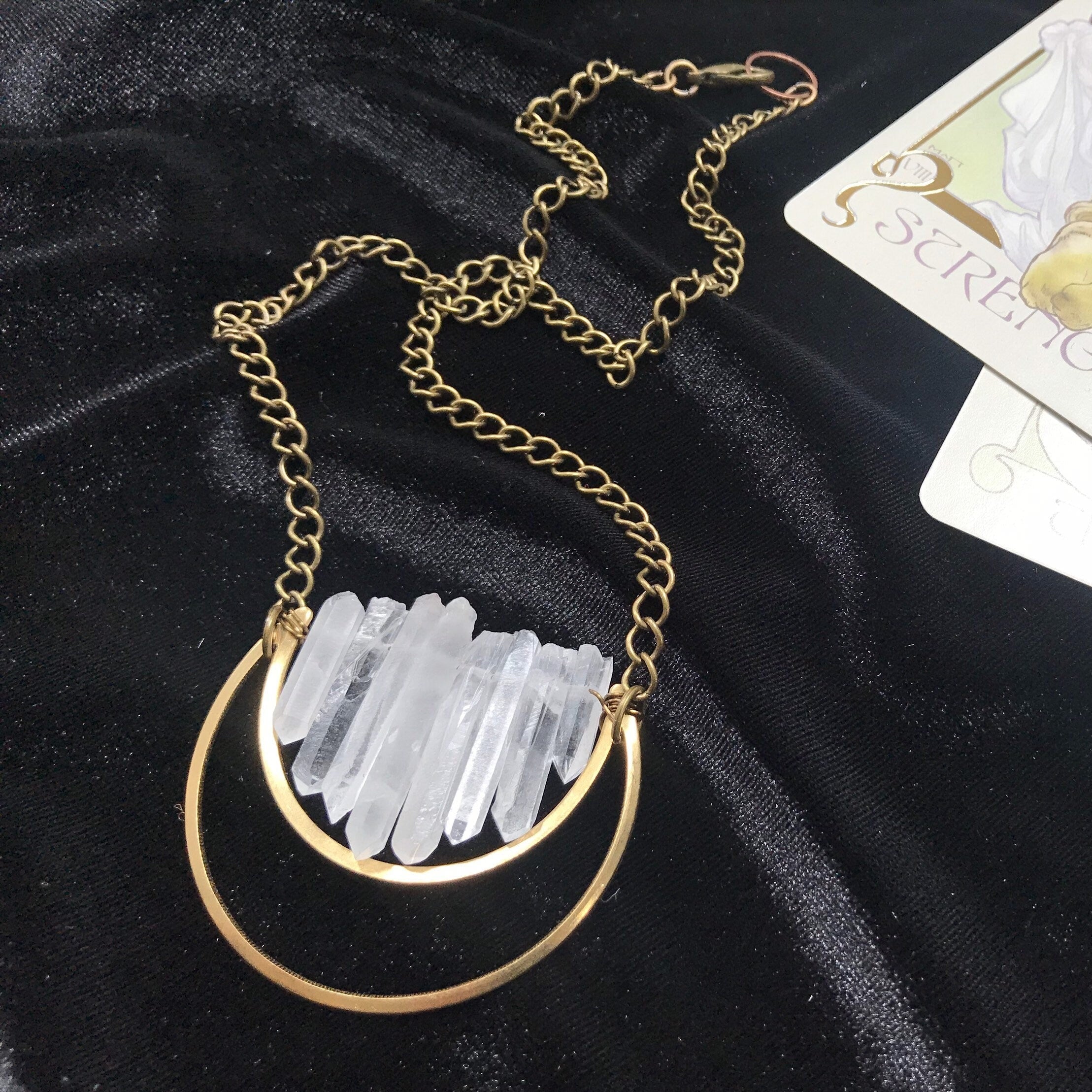 Crescent Crystal Clear Quartz Necklace Long Oxidized Brass Moon Witch Magic Dangly Sparkle Shiny