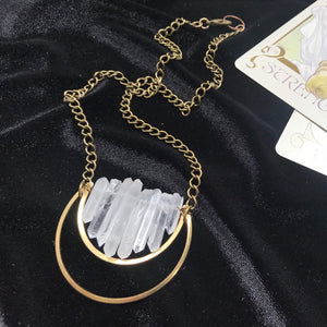 Crescent Crystal Clear Quartz Necklace Long Oxidized Brass Moon Witch Magic Dangly Sparkle Shiny