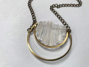 Crescent Crystal Clear Quartz Necklace Long Oxidized Brass Moon Witch Magic Dangly Sparkle Shiny