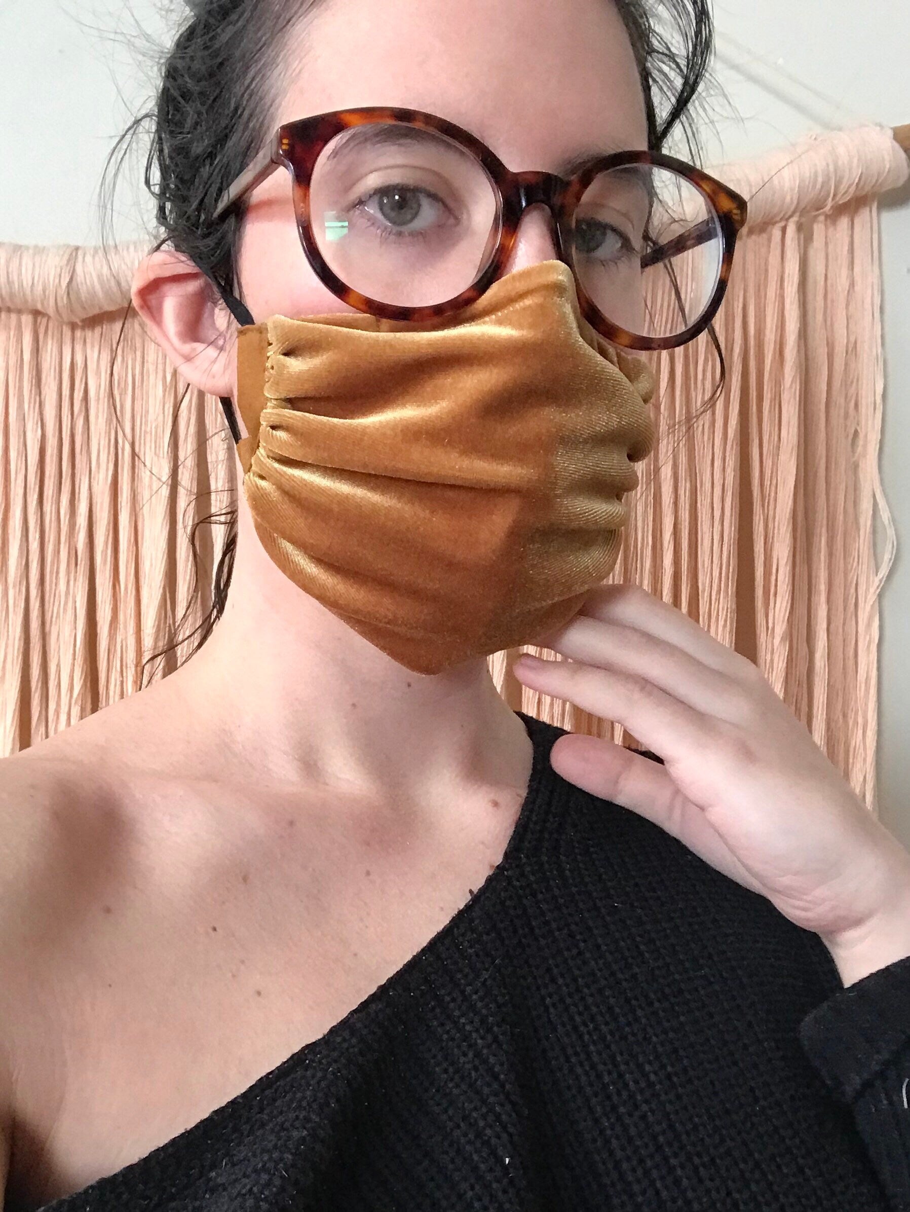 Ochre Mustard Stretch Velvet + Cotton Ruched Mask with Nose Wire + Adjustable Ear Straps Velveteen Gathered Evening Old Gold Yellow