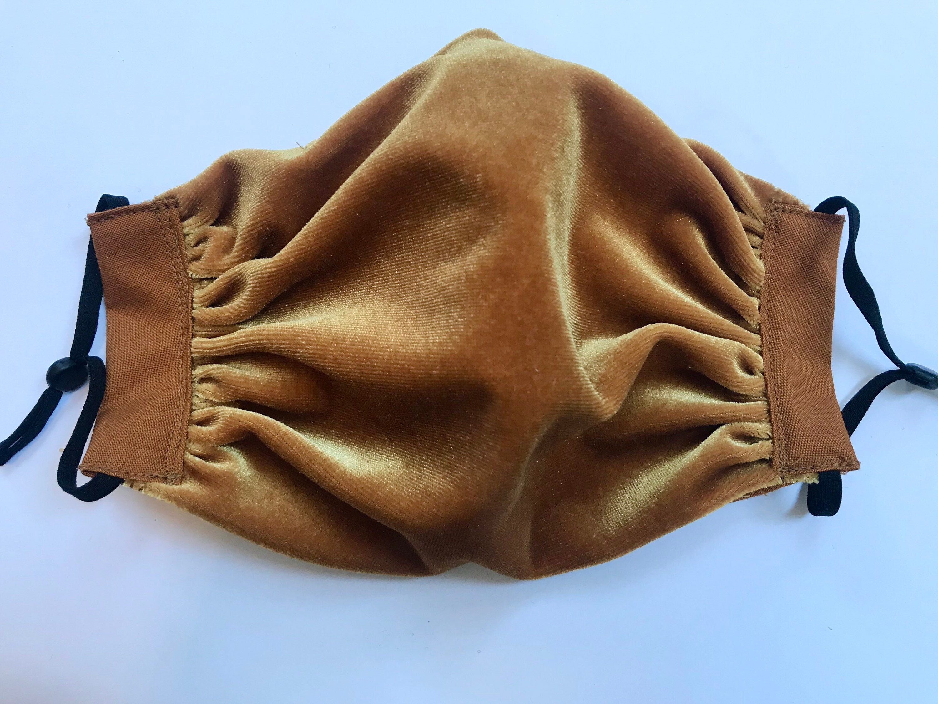 Ochre Mustard Stretch Velvet + Cotton Ruched Mask with Nose Wire + Adjustable Ear Straps Velveteen Gathered Evening Old Gold Yellow