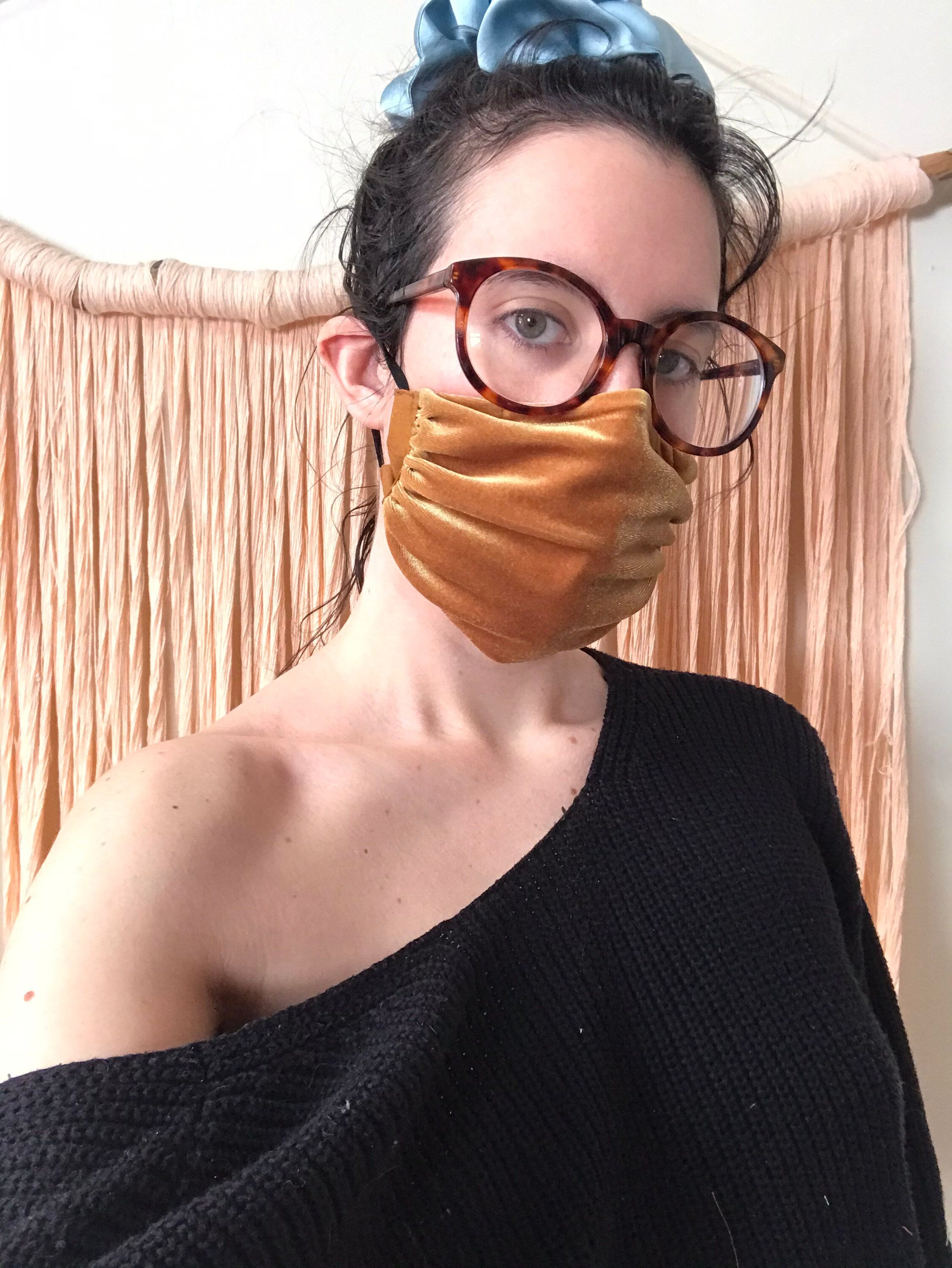 Ochre Mustard Stretch Velvet + Cotton Ruched Mask with Nose Wire + Adjustable Ear Straps Velveteen Gathered Evening Old Gold Yellow