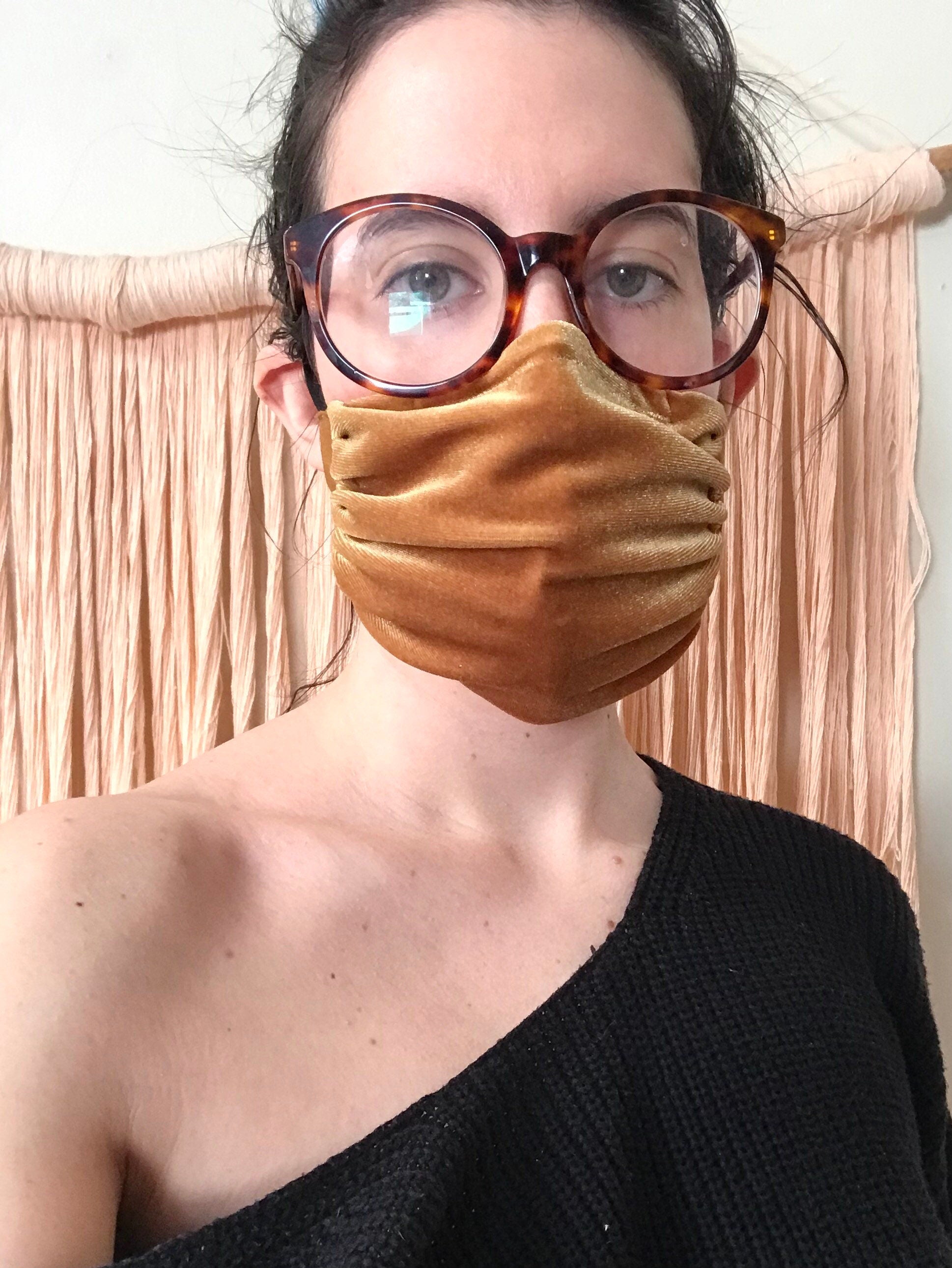 Ochre Mustard Stretch Velvet + Cotton Ruched Mask with Nose Wire + Adjustable Ear Straps Velveteen Gathered Evening Old Gold Yellow