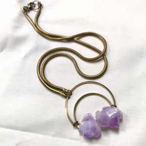 Moon + Amethyst Chunk Necklace Brads Snake chain 24” everyday Long Purple Statement Victorian statement gift unique gemstone purple quartz