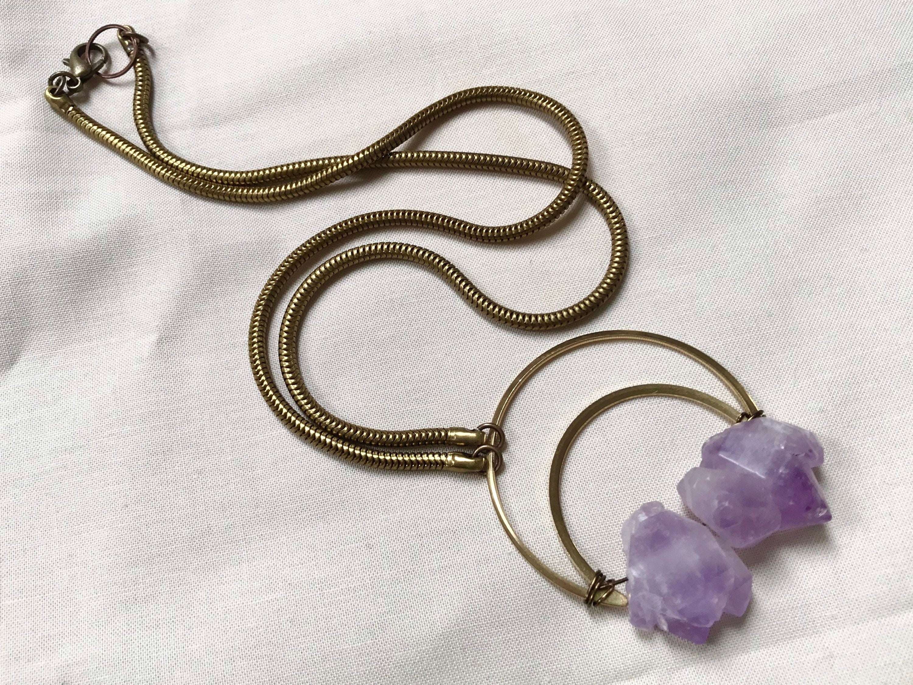 Moon + Amethyst Chunk Necklace Brads Snake chain 24” everyday Long Purple Statement Victorian statement gift unique gemstone purple quartz