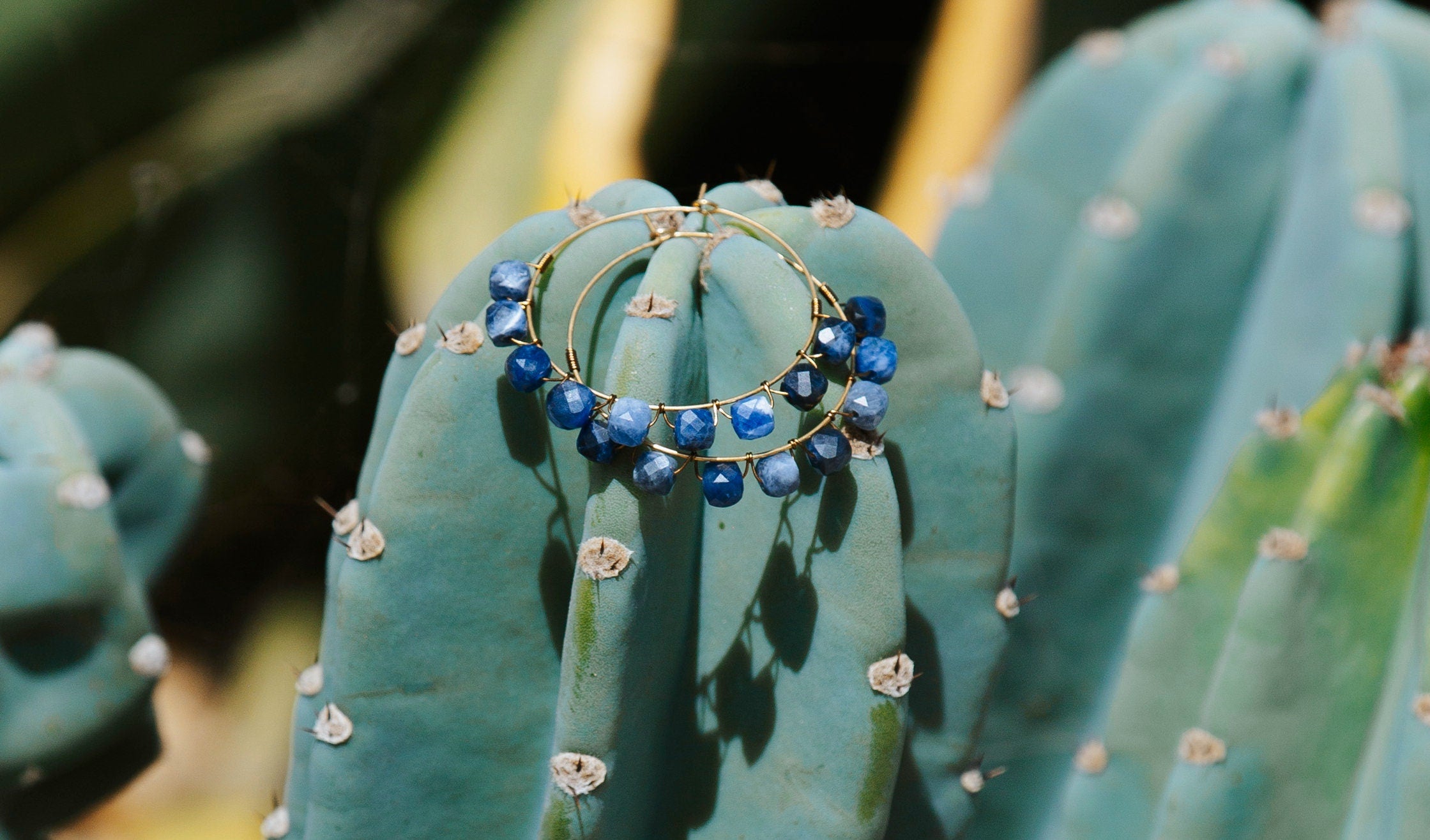Faceted Sodalite Wire Wrapped Round Hoop Earrings Quartz Point Crystals Gift Cute Delicate Everyday Hoops Blue Circle