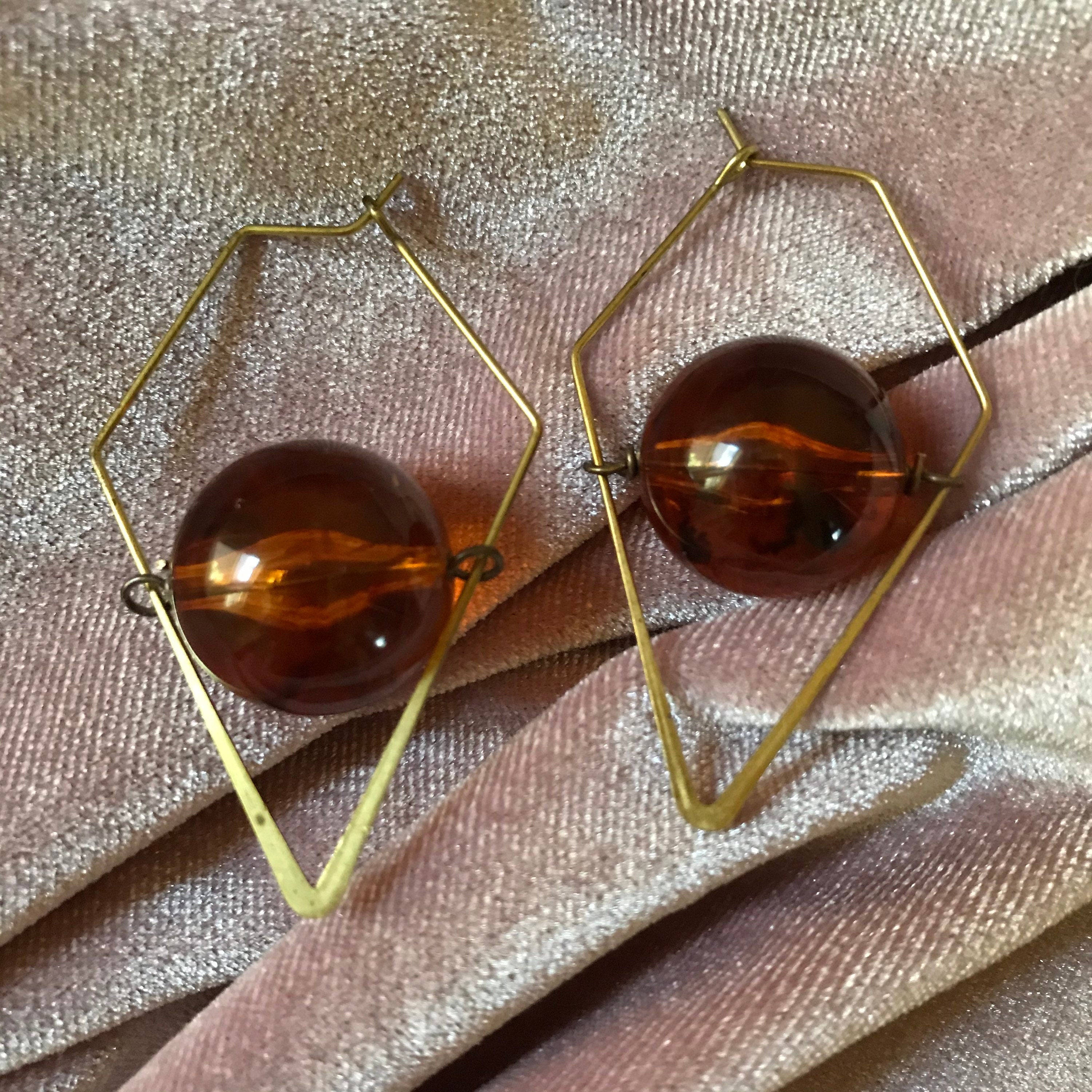 Ochre Tortoise Shell Vintage 1970s Plastic Diamond Hoops Lightweight Everyday Gift Valentines Day Statement Cute  Bakelite Swirled Brown