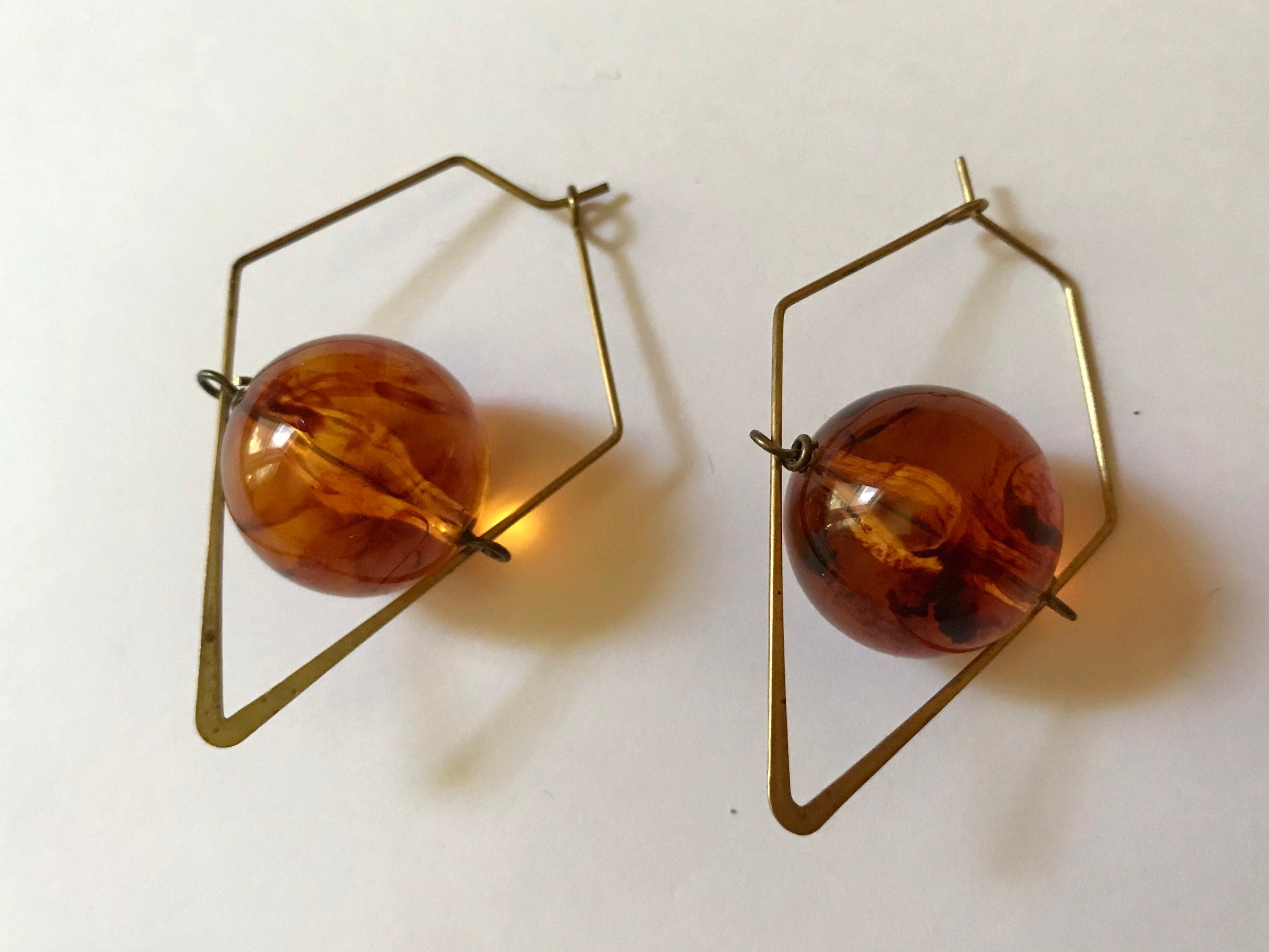 Ochre Tortoise Shell Vintage 1970s Plastic Diamond Hoops Lightweight Everyday Gift Valentines Day Statement Cute  Bakelite Swirled Brown