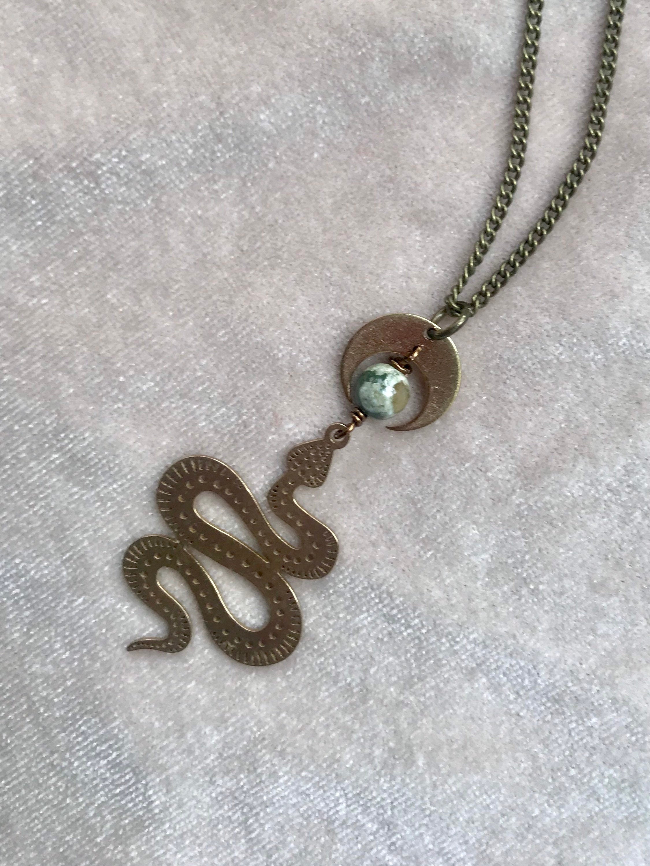 crescent snake nephrite rainforest jasper necklace 18” Green