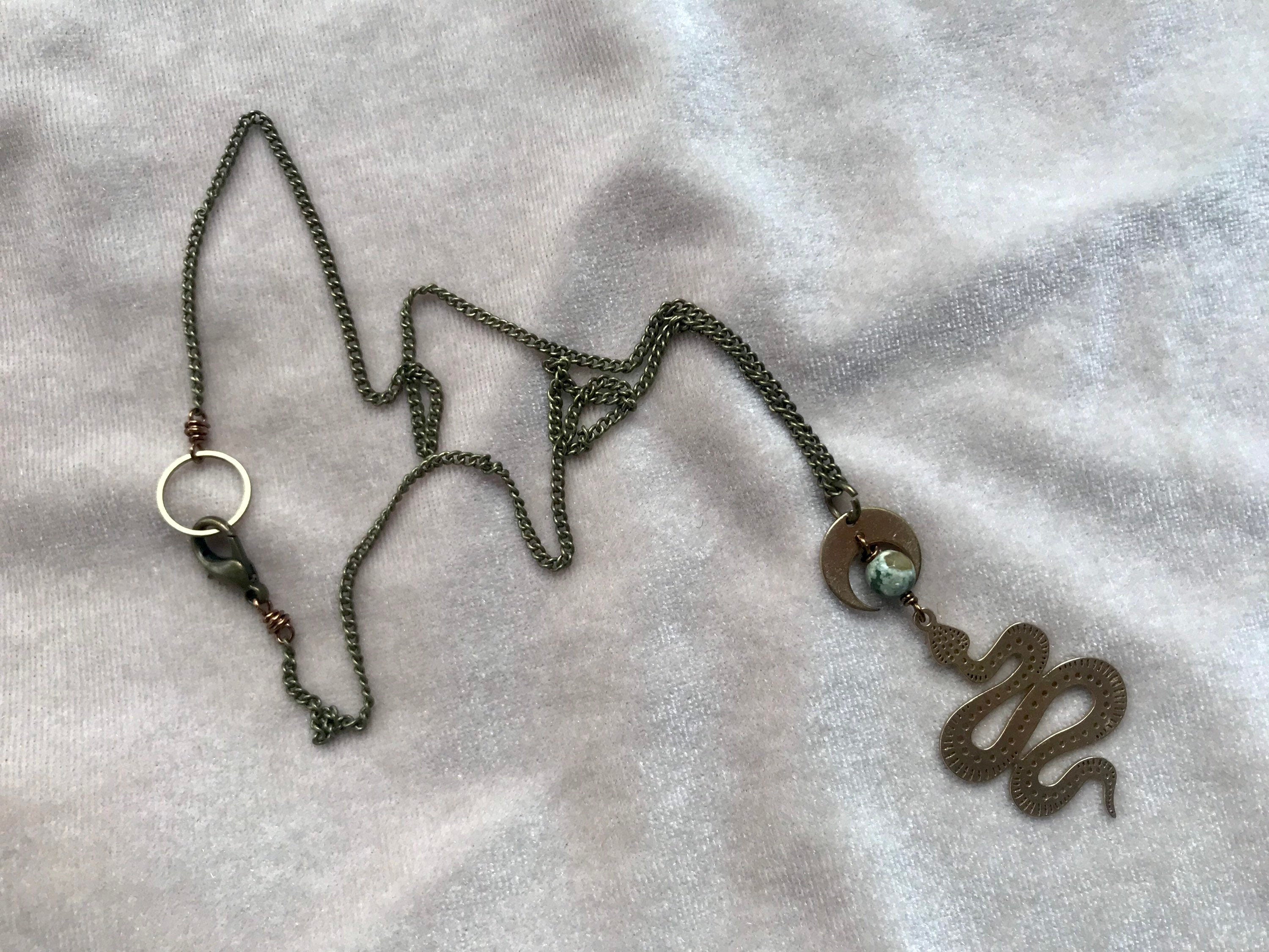 crescent snake nephrite rainforest jasper necklace 18” Green